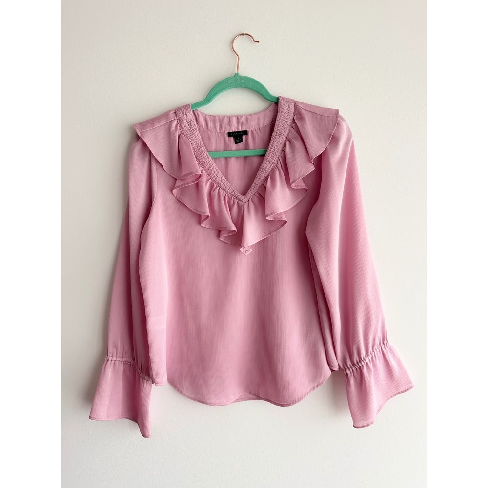 Ann Taylor Pink Ruffle V-Neck Blouse Smocked Long Sleeve Top Coquette Feminine S